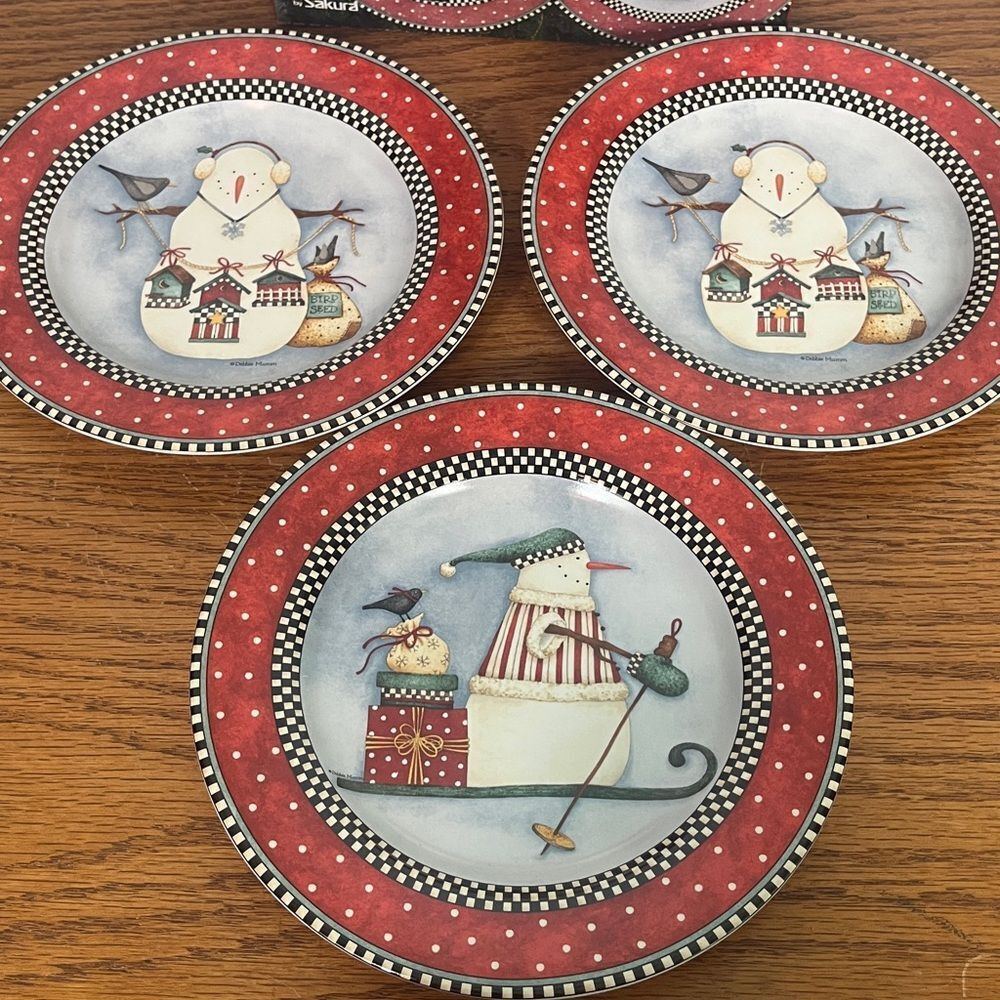 Vintage Sakura "Frosty Folks" Set of 3 Debbie Mumm Stoneware Plates With Snowman